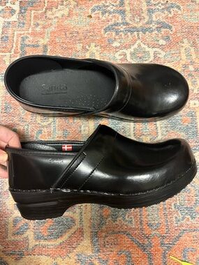 Sanita Black Leather Slip-On Clogs
